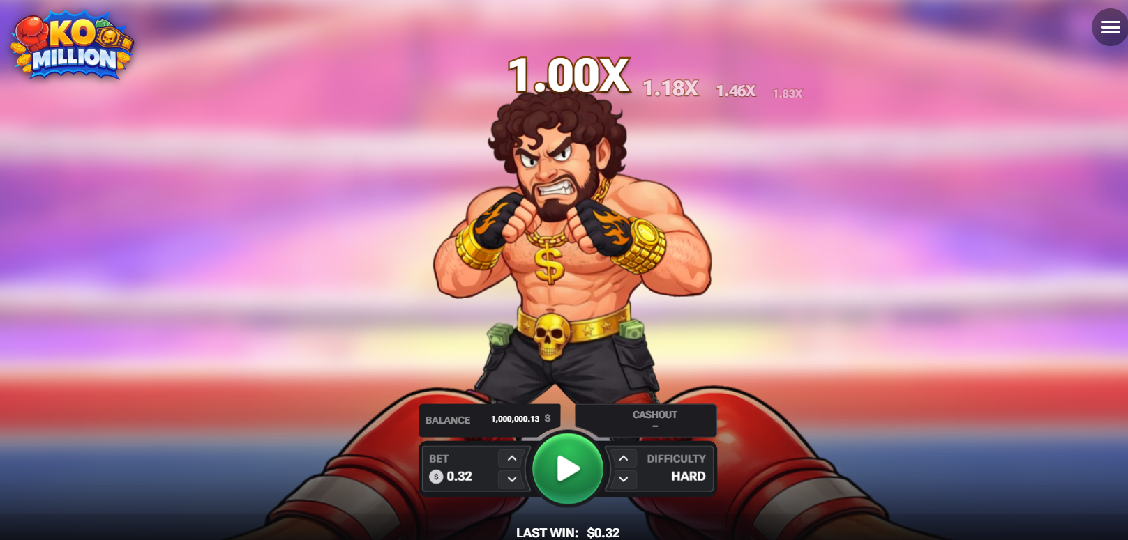 Pantalla de KO Million con boxeador y multiplicador