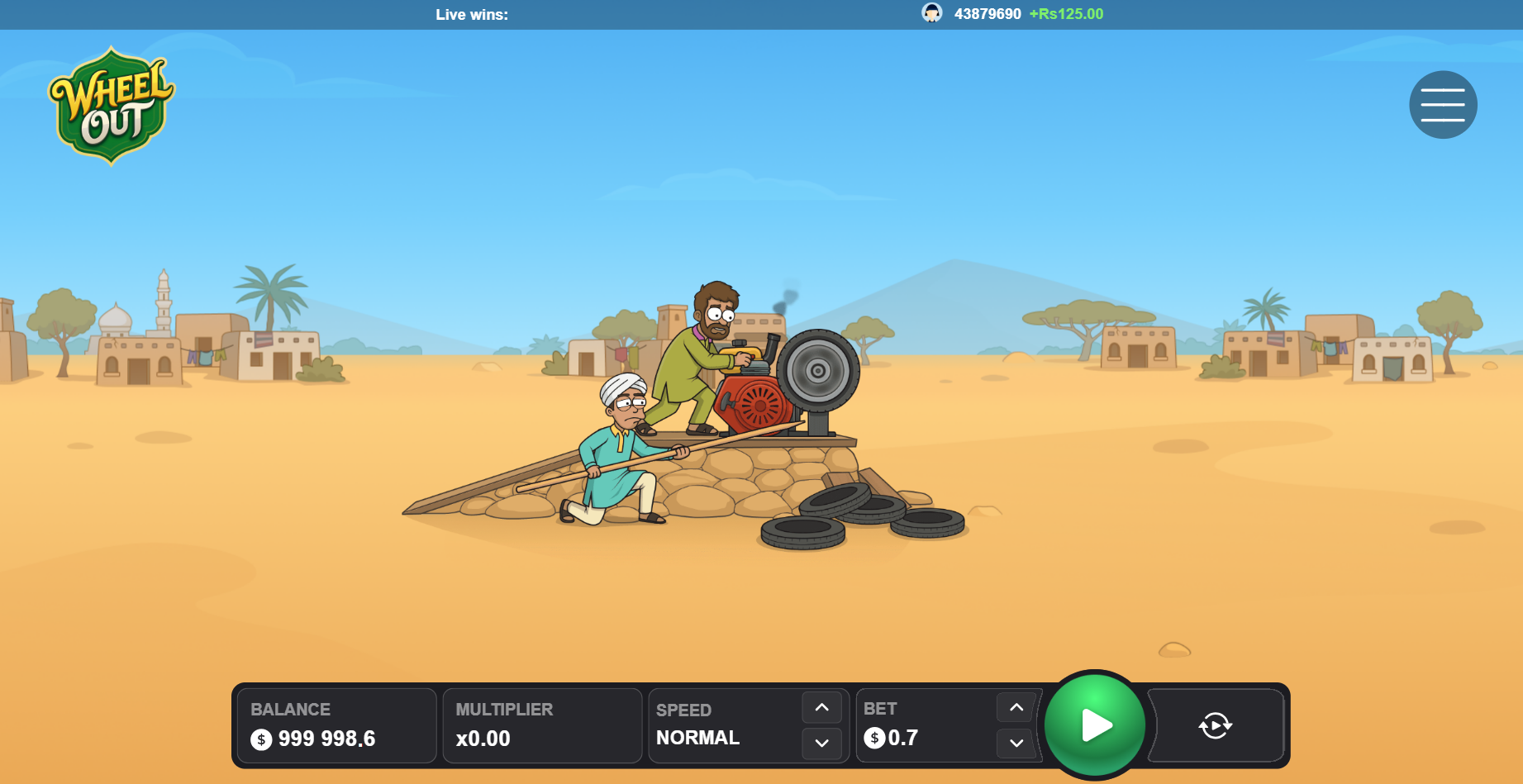 Pantalla inicial de Wheel Out con llanta y motor en el desierto
