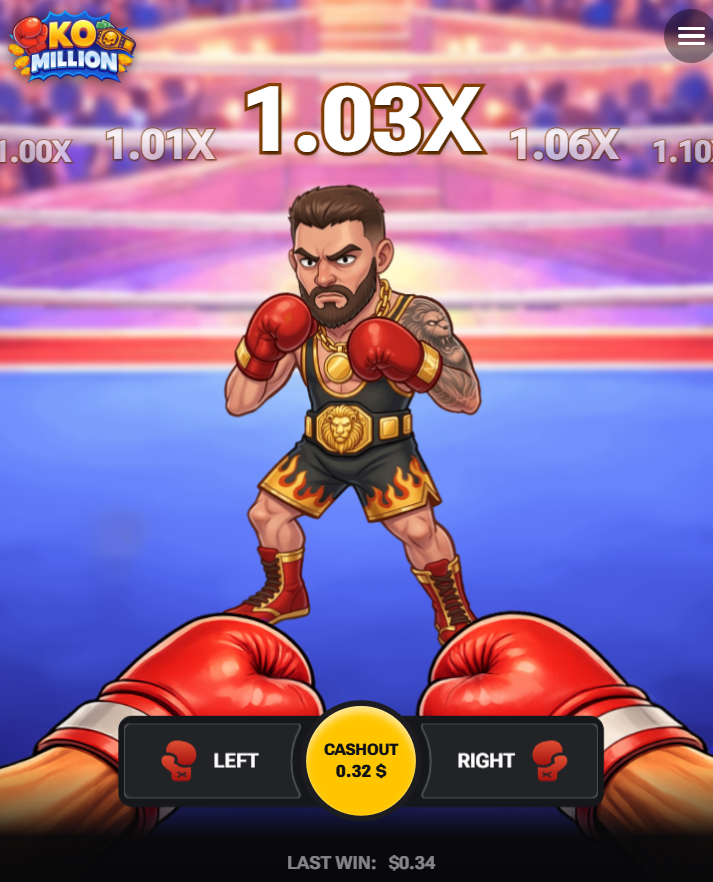 KO Million en celular con botones Left Right y Cashout