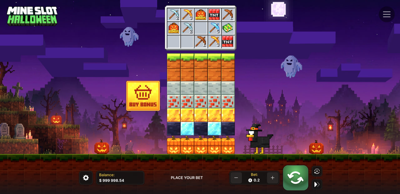 Mine Slot Halloween opinión, demo gratis en un casino: columnas de bloques, herramientas y botón Buy Bonus