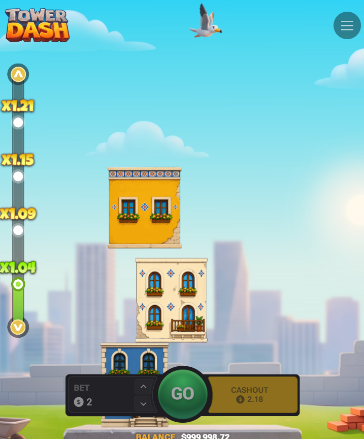 Tower Dash en celular en vertical con Go y Cashout