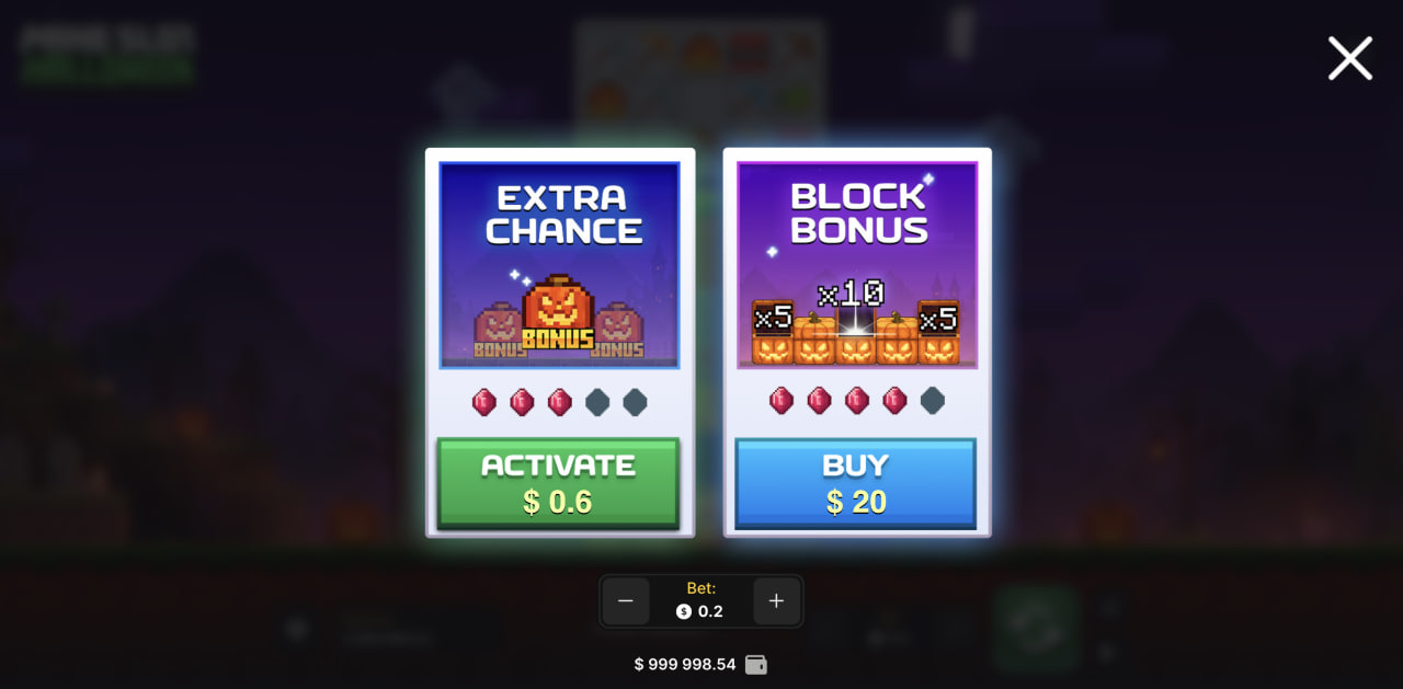 Mine Slot Halloween bono, código promocional, dinero real y registro: ventana Extra Chance y Block Bonus en ordenador