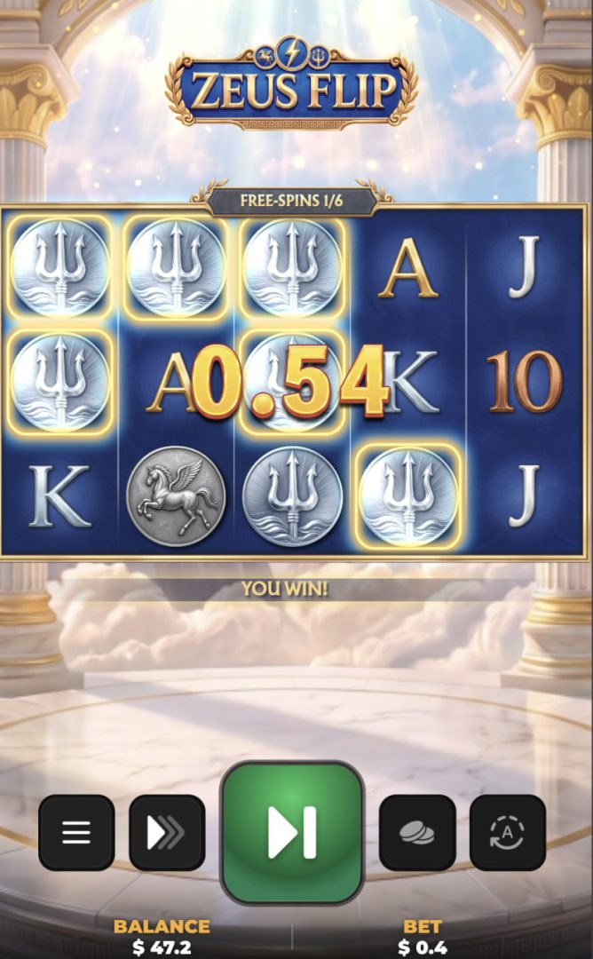 Zeus Flip app, juego de azar sin estafa con juego en vertical: rodillos y monedas en el móvil