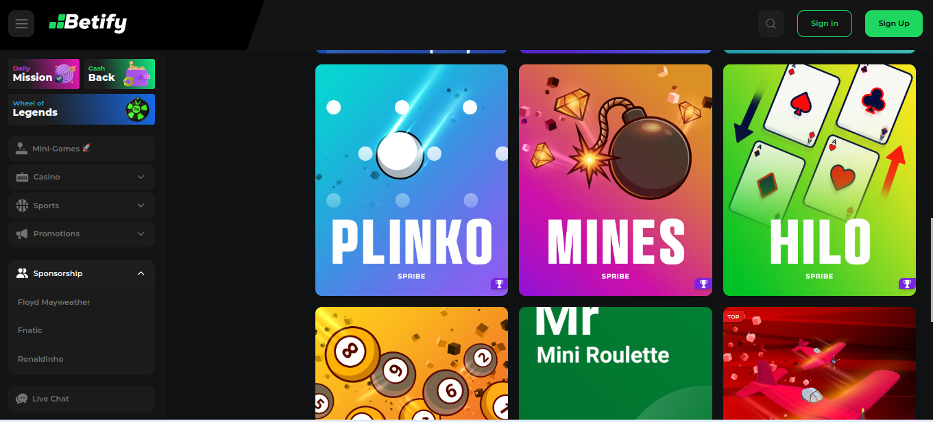 Minijuegos de Betify en el móvil: Plinko Mines Hilo, casino con bono y juego rápido