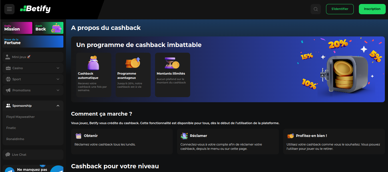 Cashback semanal de Betify visto en el navegador, promoción de casino y bono