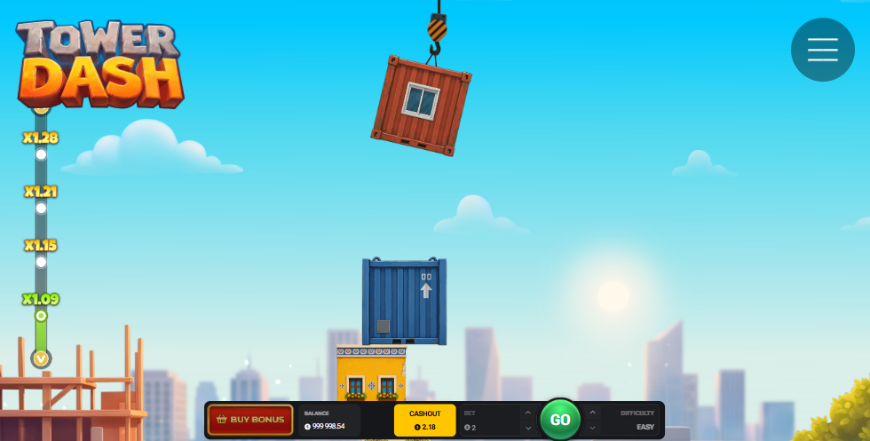 Pantalla de Tower Dash con grúa y contenedor