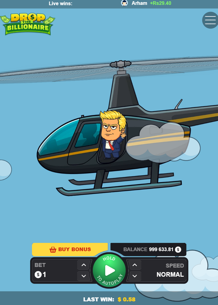 Drop The Billionaire en celular en vertical con botón Buy Bonus